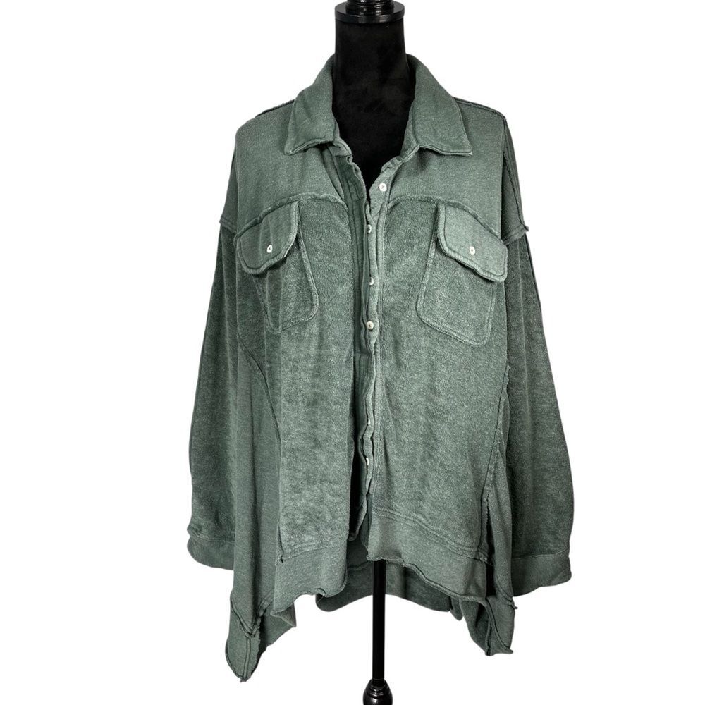 Free People Green Jacket Top oversized button-down shirt jacket Sweatshirt Large